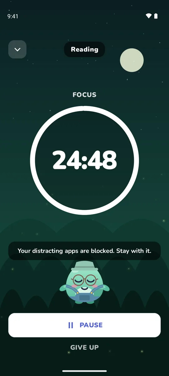 A running 25 minute focus session in the firefly forest scene