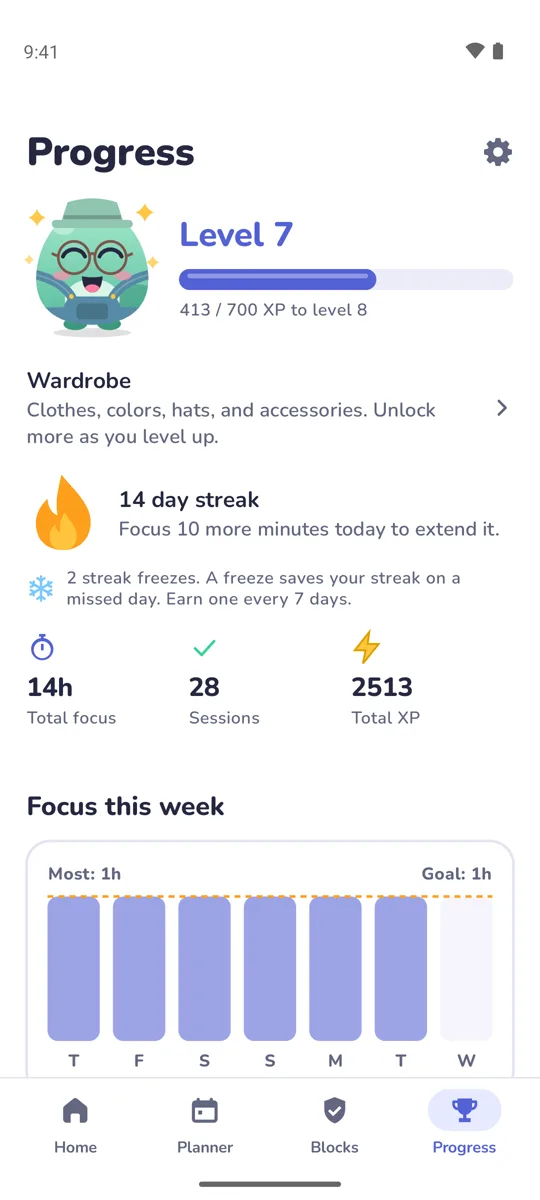 Progress with level, streak, and weekly focus chart