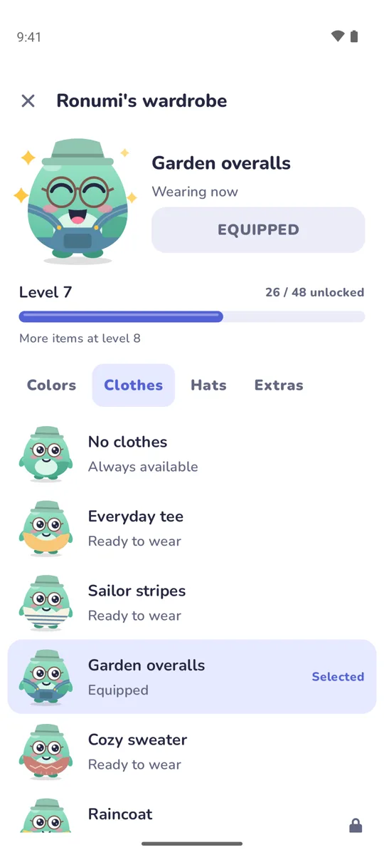 Ronumi's wardrobe with outfits to unlock